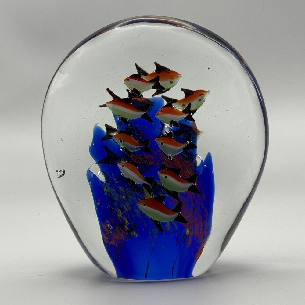 Large Art Glass Aquarium Paperweight School of Fish Cobalt Blue Coral 6.25" Tall